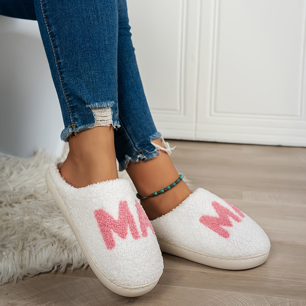 Women's Casual "MAMA" Fluffy Slippers - Comfy Faux Fur-Lined Indoor House Slip-on Shoes with Non-Slip TPR Sole, Flannel Insole, Seasonal Warmth, Easy Care, Cixi Origin - Cozy Winter Footwear Gift for Mom